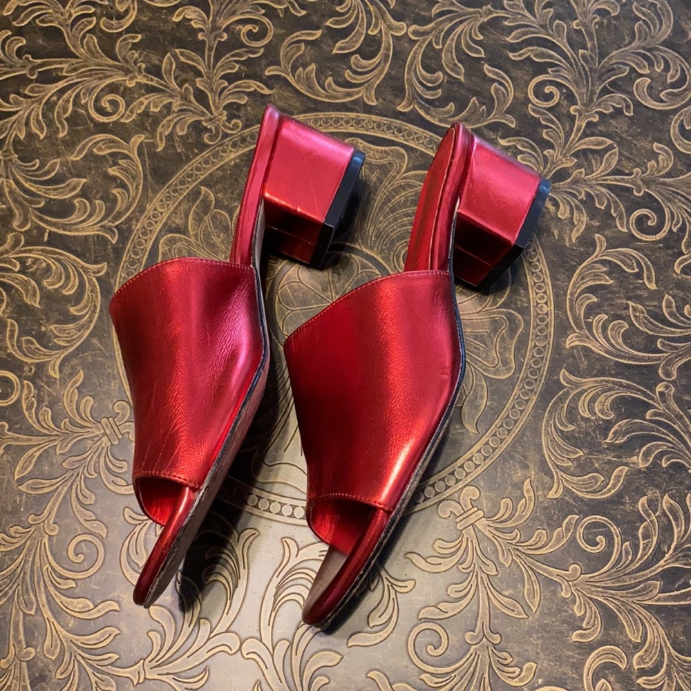 Metallic Red Open Toed Mules, Raye Size 7 - image 3